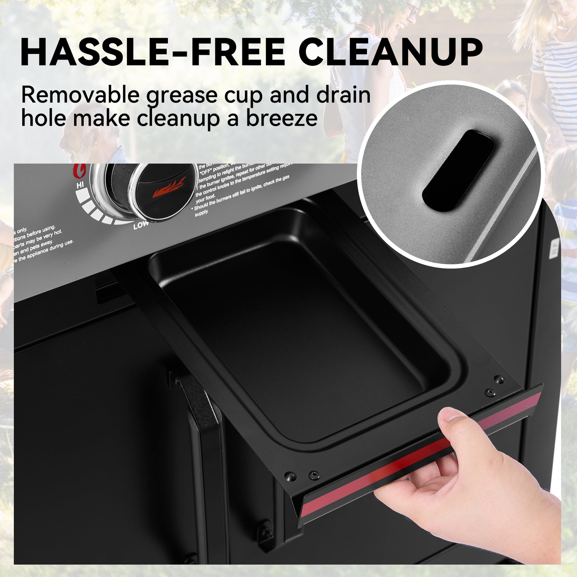 A close-up of a black outdoor Royal Gourmet  grill or stove with a hand pulling a removable tray or liner out of the front. Large text reads 'HASSLE-FREE CLEANUP' with smaller copy about a removable grease cup and drain hole, plus an inset circle showing the liner detail.