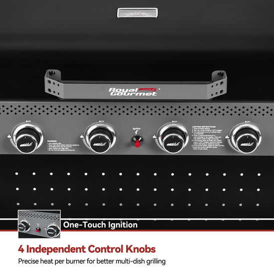 Grill control panel with Royal Gourmet branding and four independent control knobs.