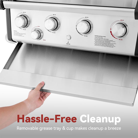 A stainless steel Royal Gourmet  gas range hood or ventilation unit with a hand pulling down a removable tray, with text reading 'Hassle-Free Cleanup' and 'Removable grease tray & cup makes cleanup a breeze.'.