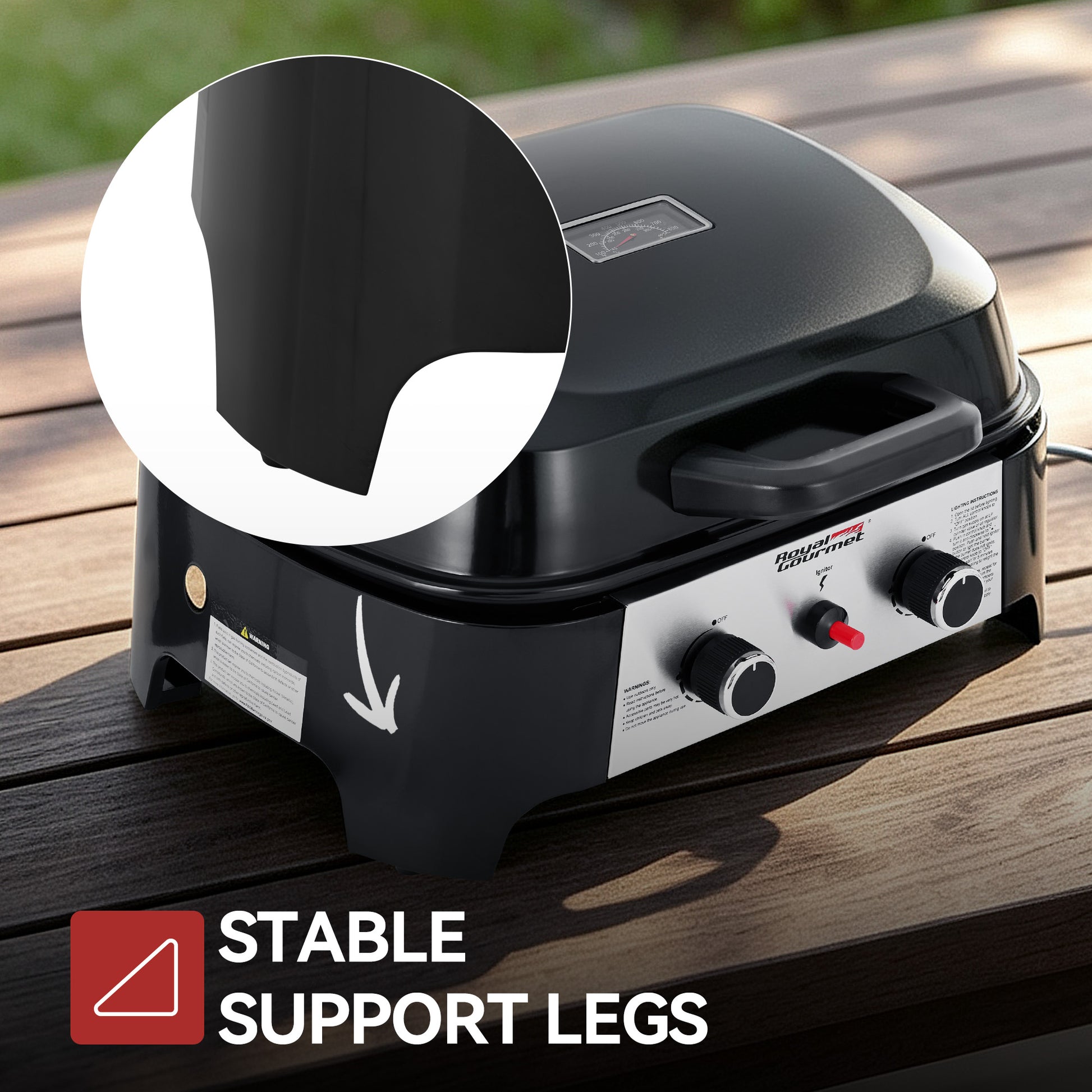 Black portable Royal Gourmet gas grill with support legs on a wooden table, featuring a circular inset showing the underside of the lid and text reading 'STABLE SUPPORT LEGS'.