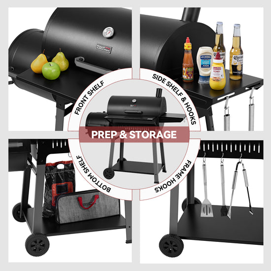 Royal Gourmet Black barbecue grill with prep and storage features on a white background