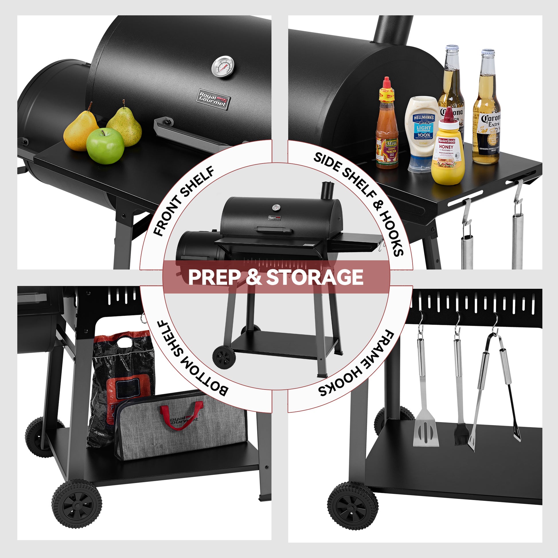 Royal Gourmet Black barbecue grill with prep and storage features on a white background