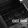 Close-up of a Royal Gourmet grill with cast iron cooking grates and text highlighting their features.