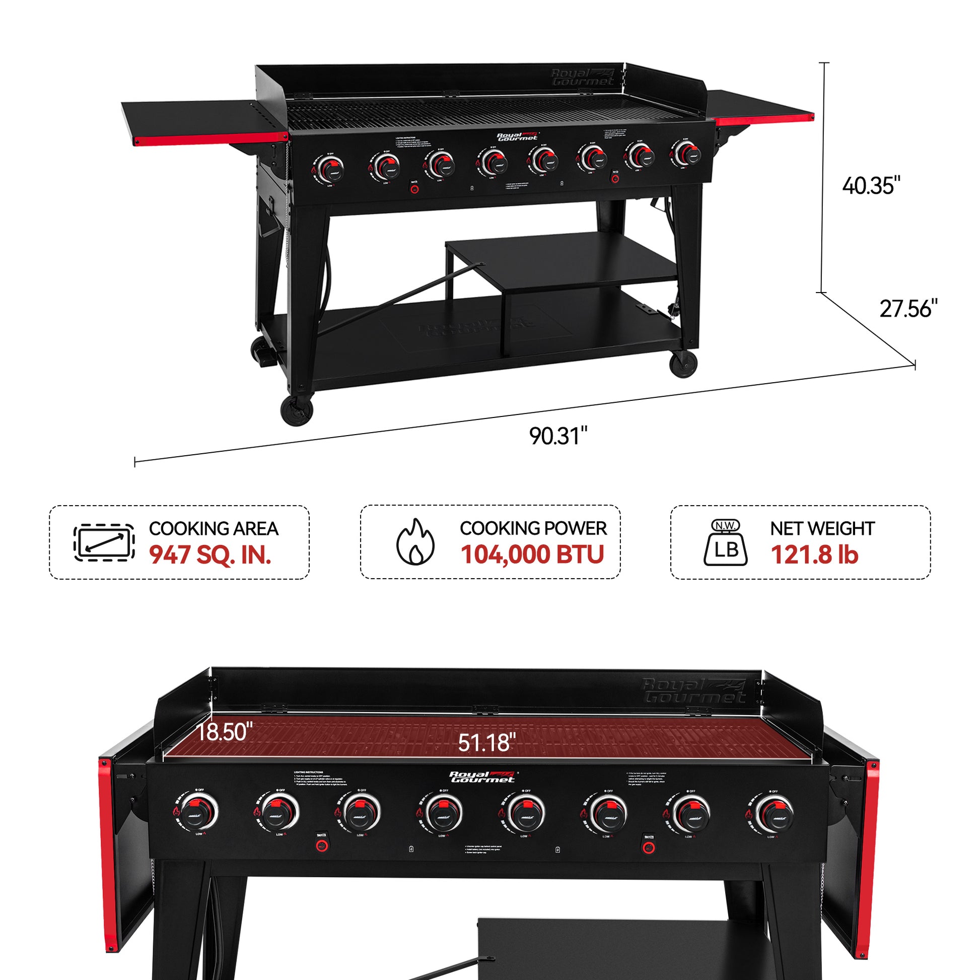 Royal Gourmet GB8003 8-burner gas grill assembly and dimensions