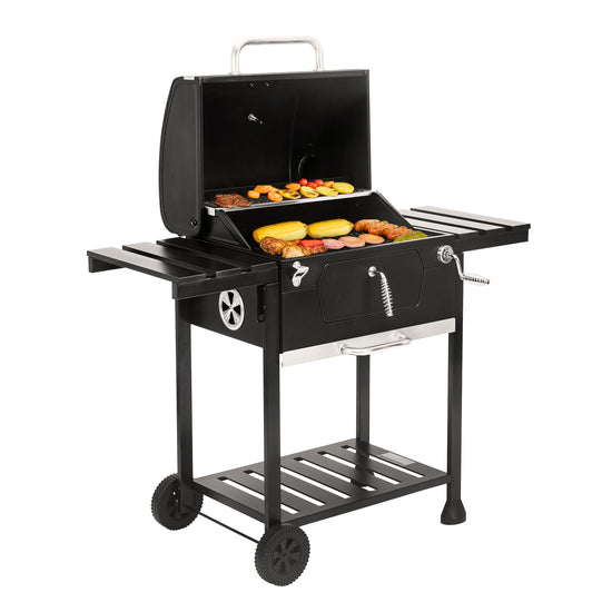 Royal Gourmet Black barbecue grill with food on a white background
