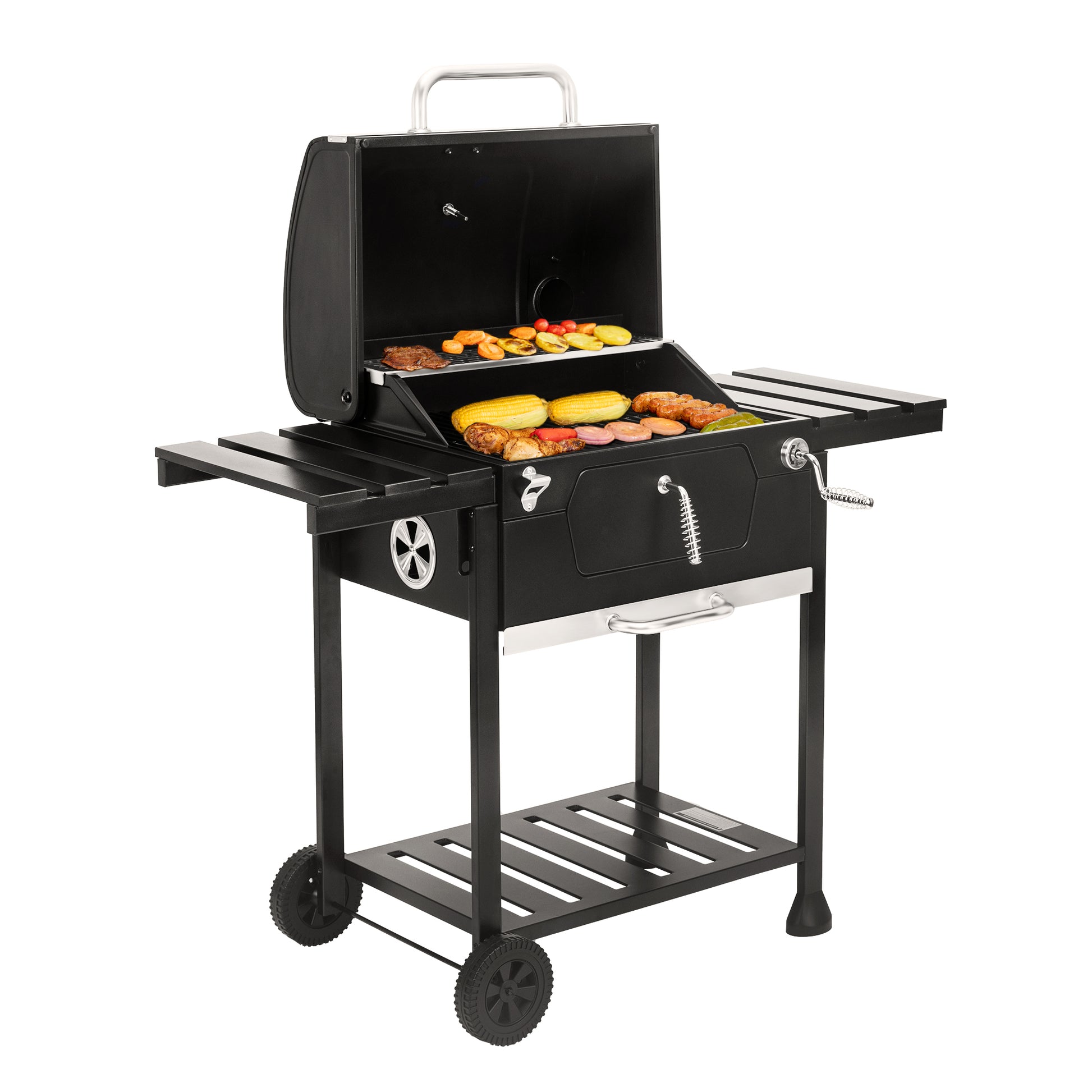 Royal Gourmet Black barbecue grill with food on a white background