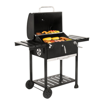 Royal Gourmet Black barbecue grill with food on a white background