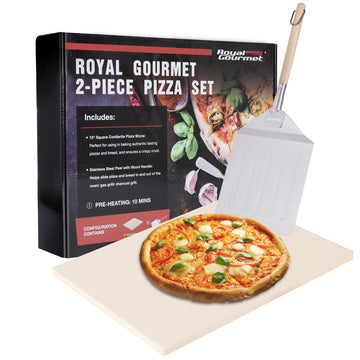 Royal Gourmet pizza stone set with pizza on a white background