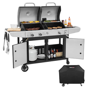 Royal Gourmet Portable gas grill with storage compartments and accessories on a white background