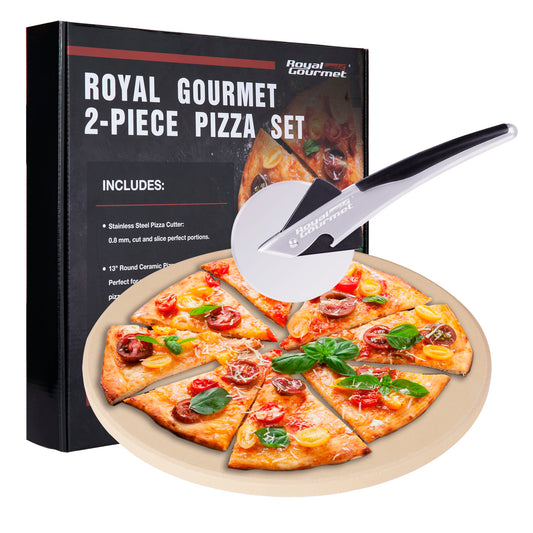 Royal Gourmet 2-piece pizza set with a sliced pizza and pizza cutter on a white background