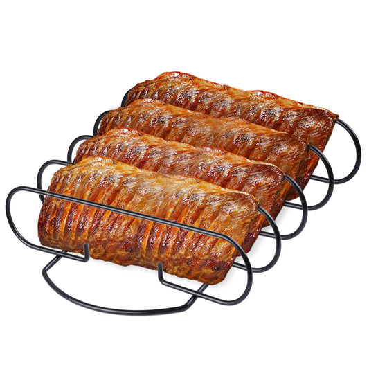 Three roasted pork ribs on a Royal Gourmet black metal rack against a white background