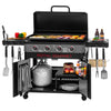 Black Royal Gourmet grill with cooking utensils and food on a white background