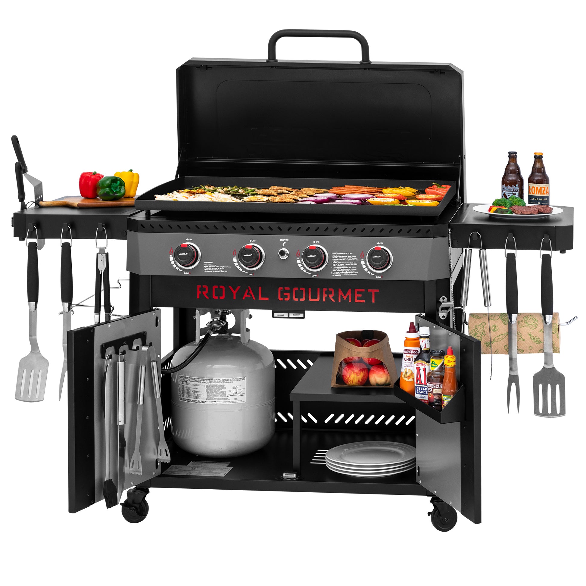 Black Royal Gourmet grill with cooking utensils and food on a white background