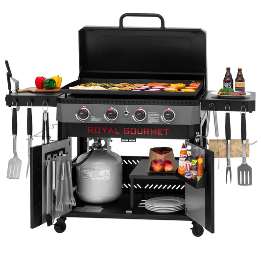 Black Royal Gourmet grill with cooking utensils and food on a white background