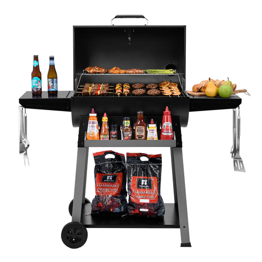 Barrel Charcoal Grill & Smoker with Hanging Basket & Side Shelves