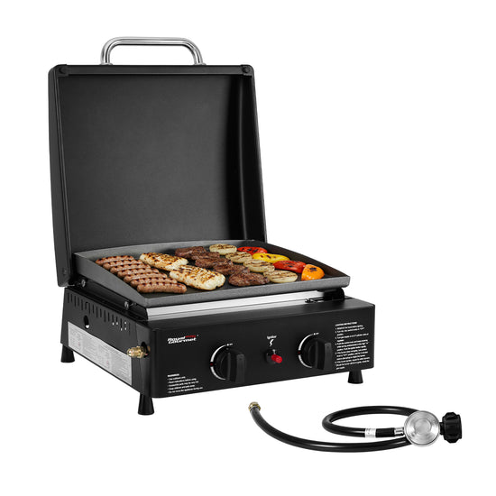 Portable Royal Gourmet grill with food on a white background