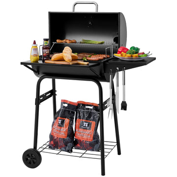 Barrel Charcoal Grill with Side & Front Shelves, Black