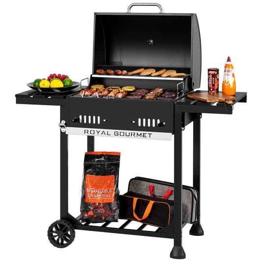 24-Inch Charcoal BBQ Grill with Foldable Side Shelves, Black