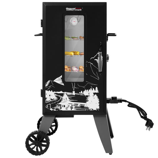 Black electric Royal Gourmet smoker with a glass door displaying food, on a white background.