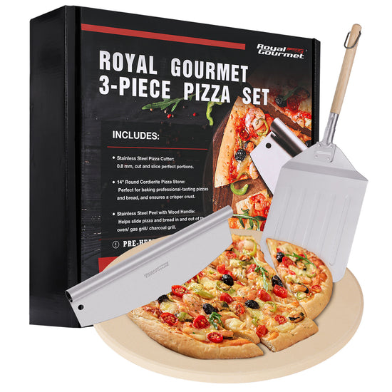 Royal Gourmet 3-piece pizza set with packaging, pizza cutter, peel, and spatula on a white background.