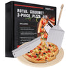 Royal Gourmet 3-piece pizza set with packaging, pizza cutter, peel, and spatula on a white background.