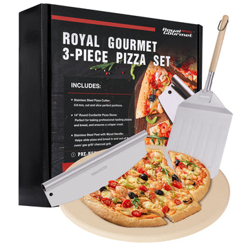 Royal Gourmet 3-piece pizza set with packaging, pizza cutter, peel, and spatula on a white background.