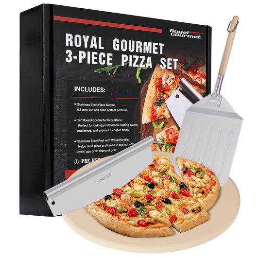 Royal Gourmet 3-piece pizza set with packaging, pizza cutter, peel, and spatula on a white background.