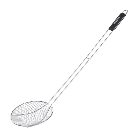 Metal slotted spoon with a black handle on a white background