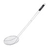 Metal slotted spoon with a black handle on a white background