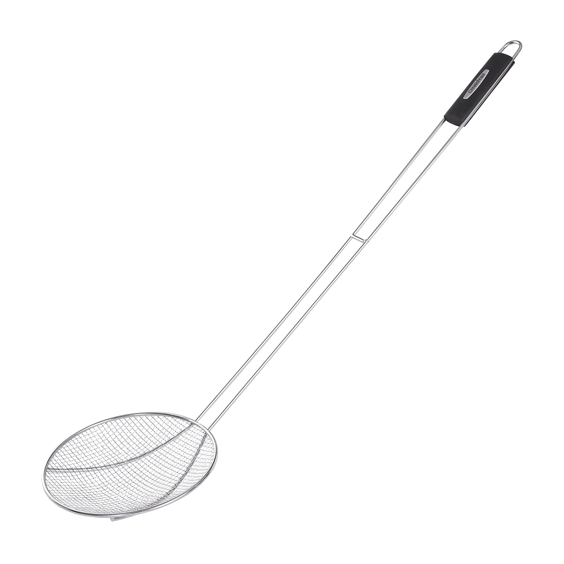 Metal slotted spoon with a black handle on a white background