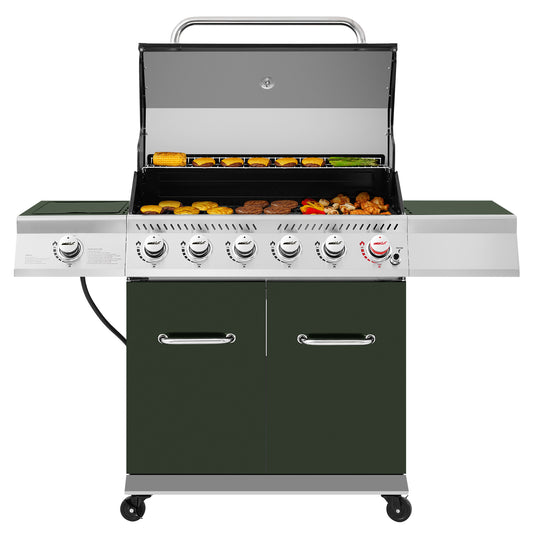 6-Burner Propane Gas Grill with Sear & Side Burners, Olive Green