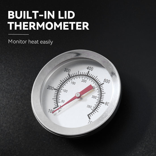 Builtin lid thermometer with temperature scale on a Royal Gourmet black background