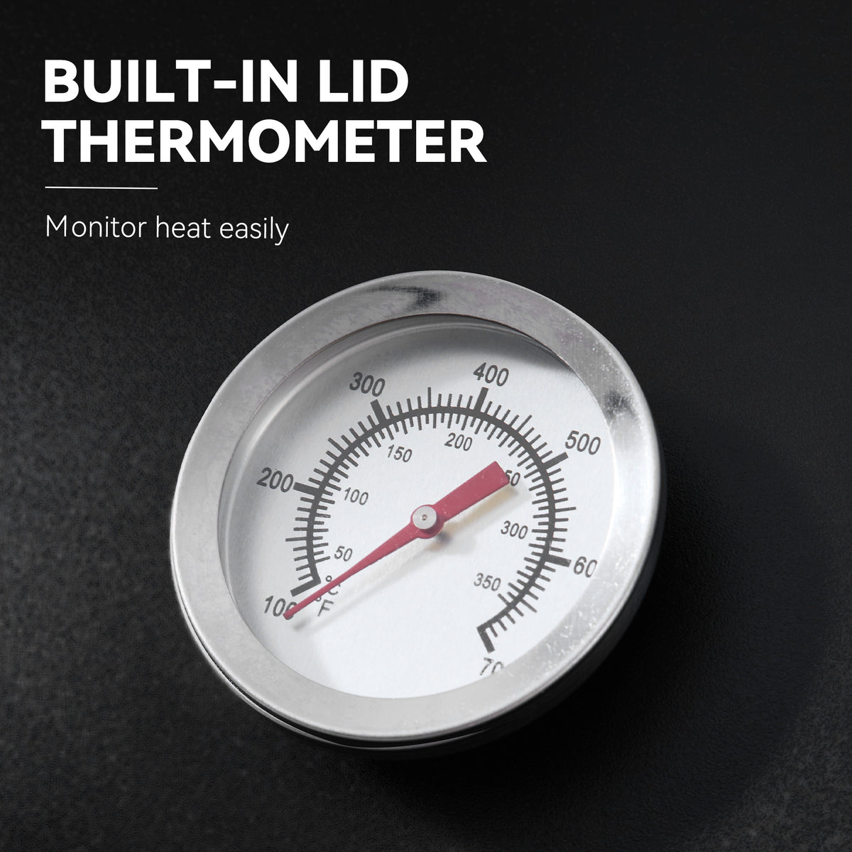 Builtin lid thermometer with temperature scale on a Royal Gourmet black background