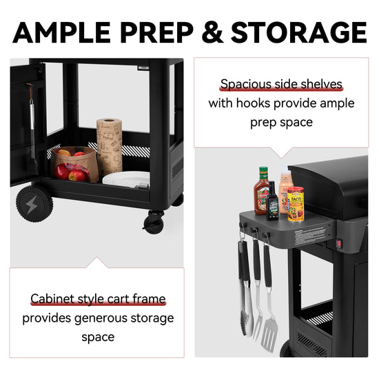 Promotional graphic for a black rolling prep cart with text callouts explaining ample storage space, side shelf hooks, and cabinet-style frame storage. The left panel shows the cart open with food and paper towels inside; the right panel shows the side shelf holding condiments and hanging utensils.