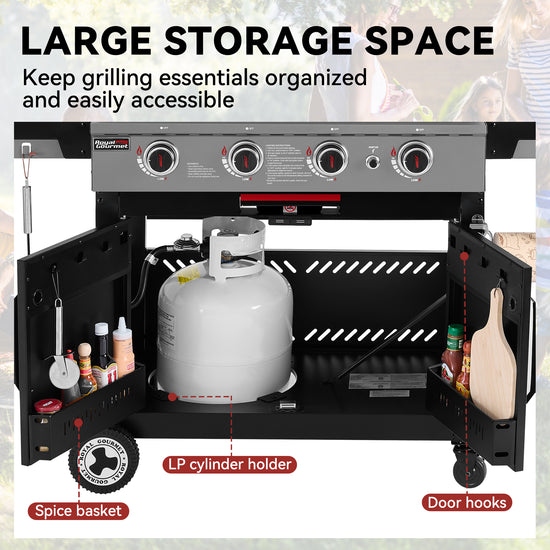Black outdoor Royal Gourmet gas grill with open side doors showing storage compartments, a large propane tank inside, and labeled callouts for spice basket, LP cylinder holder, door hooks, and large storage space.