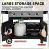 Black outdoor Royal Gourmet gas grill with open side doors showing storage compartments, a large propane tank inside, and labeled callouts for spice basket, LP cylinder holder, door hooks, and large storage space.