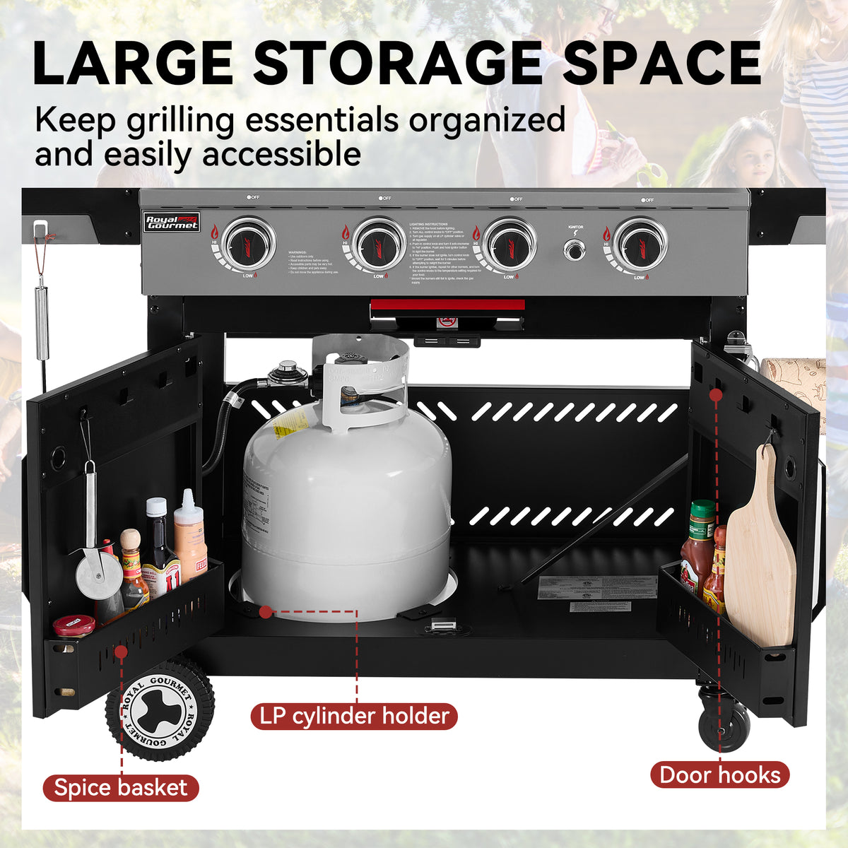 Black outdoor Royal Gourmet gas grill with open side doors showing storage compartments, a large propane tank inside, and labeled callouts for spice basket, LP cylinder holder, door hooks, and large storage space.