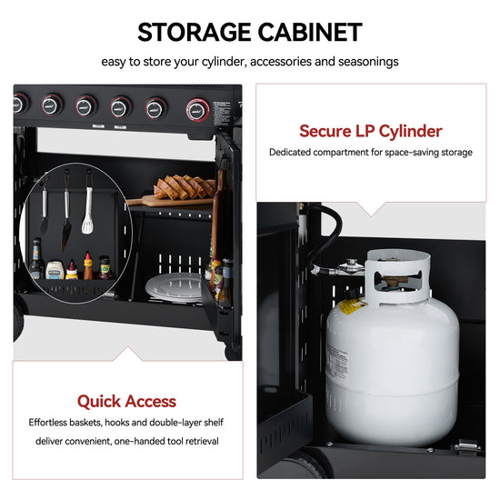 Storage cabinet with compartments for storing cylinder, accessories, and seasonings, featuring a dedicated compartment for LP cylinders.