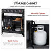 Storage cabinet with compartments for storing cylinder, accessories, and seasonings, featuring a dedicated compartment for LP cylinders.