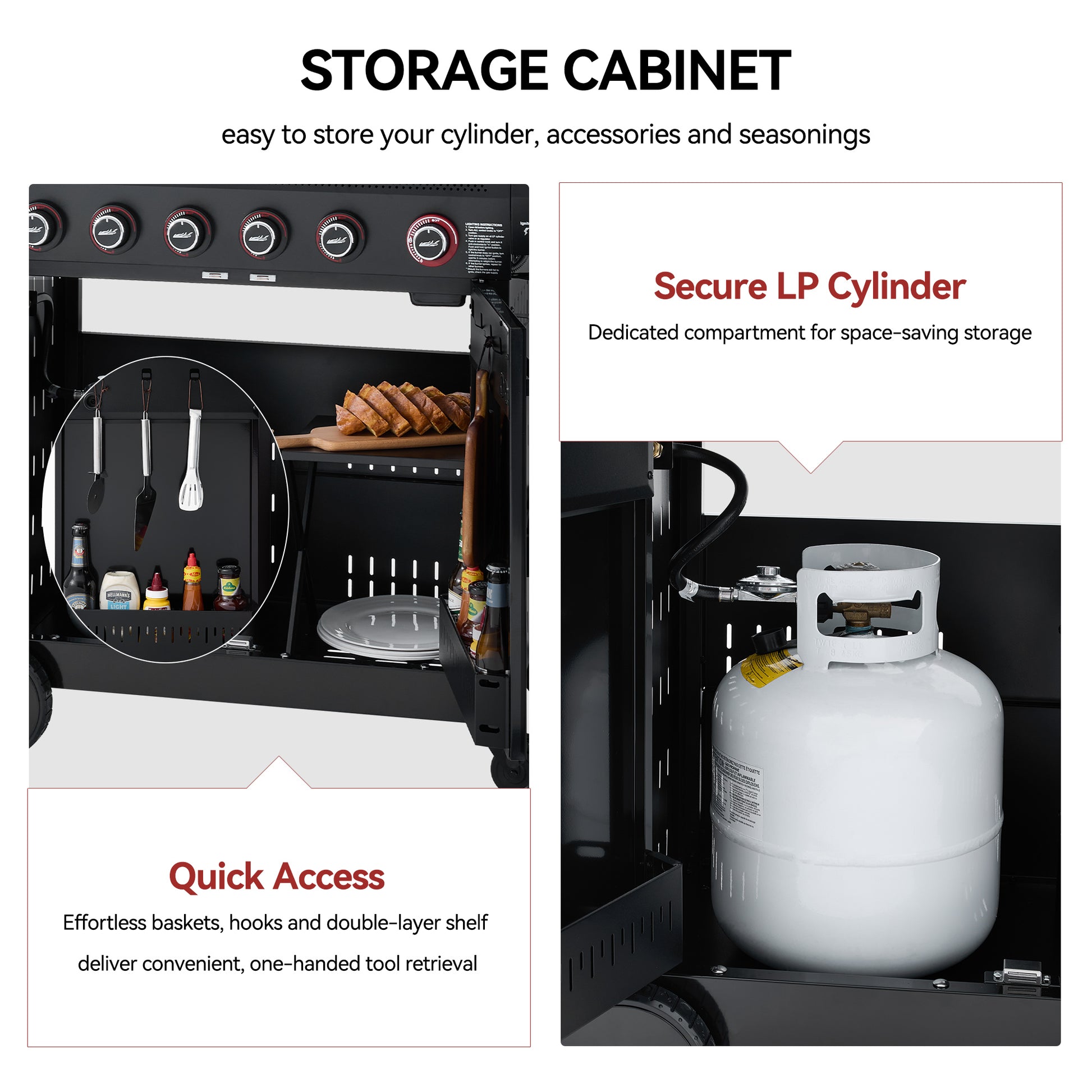 Storage cabinet with compartments for storing cylinder, accessories, and seasonings, featuring a dedicated compartment for LP cylinders.
