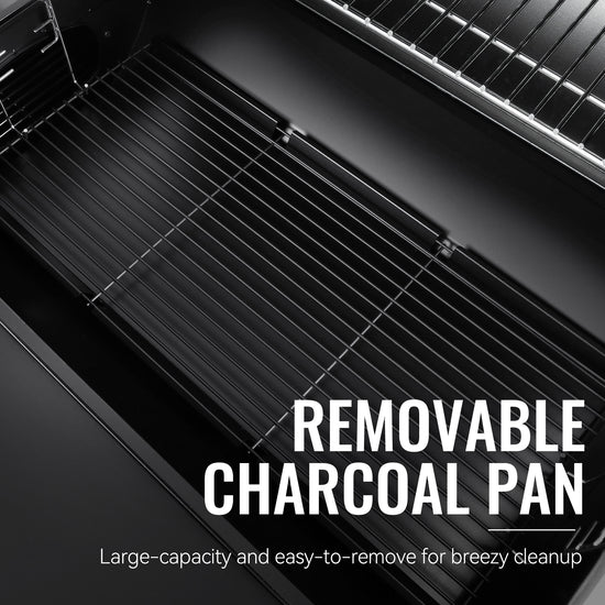 Black grill with a removable charcoal pan and text highlighting its features.