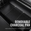 Black grill with a removable charcoal pan and text highlighting its features.
