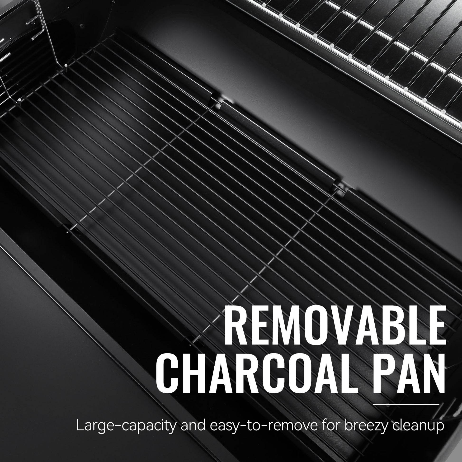 Black grill with a removable charcoal pan and text highlighting its features.