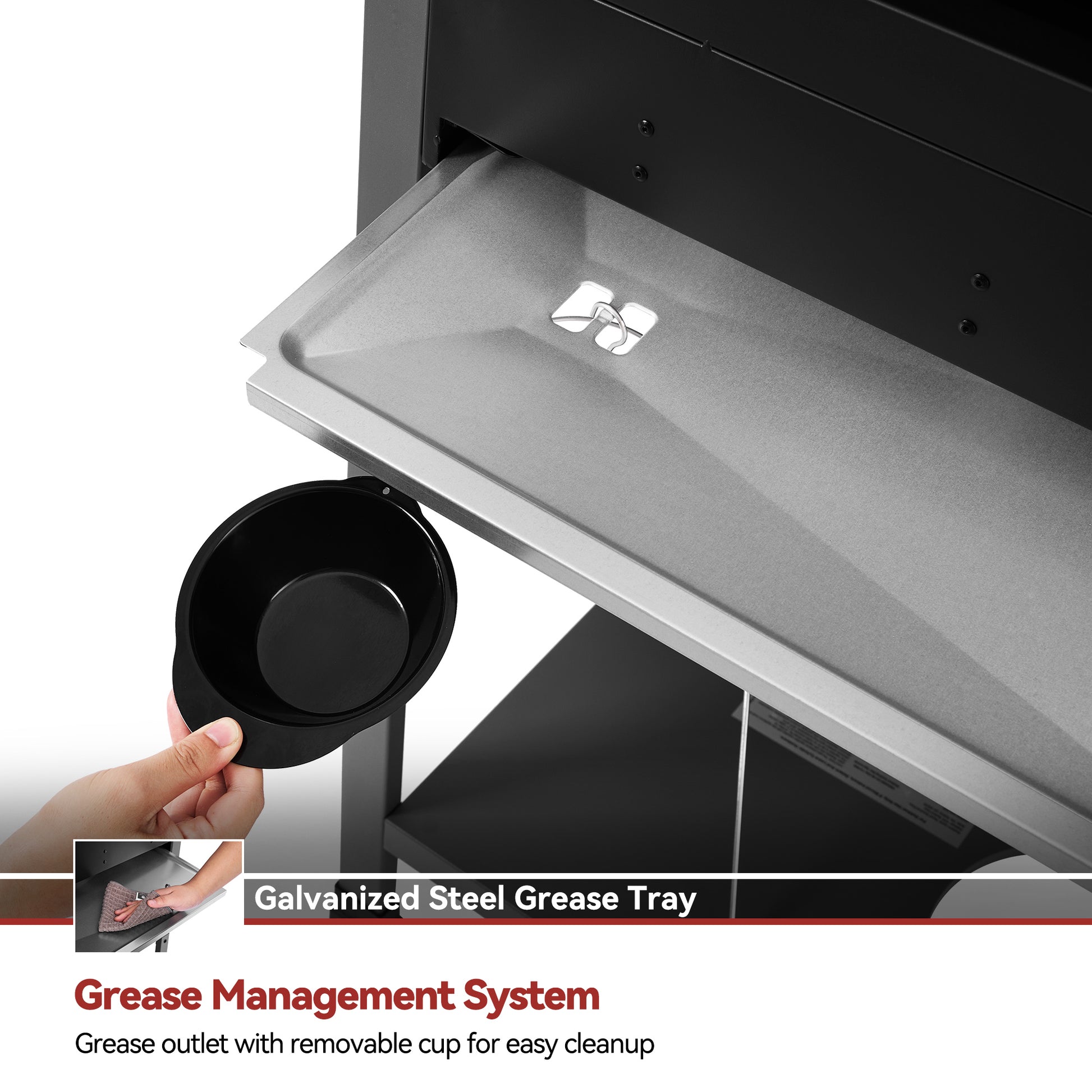 Royal Gourmet Grease management system with galvanized steel grease tray and removable cup for easy cleanup.