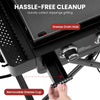 Close-up of a Royal Gourmet black grill or stove component with a removable grease cup being held by a hand, plus overlaid text and callouts reading 'HASSLE-FREE CLEANUP,' 'Grease Drain Hole,' and 'Removable Grease Cup.'.