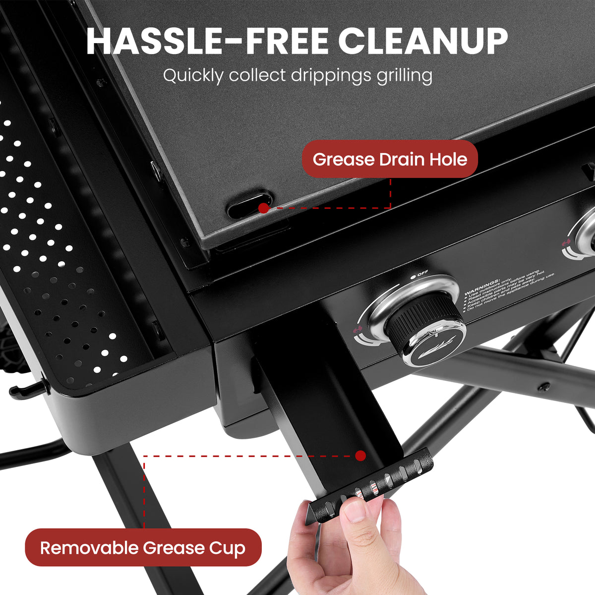 Close-up of a Royal Gourmet black grill or stove component with a removable grease cup being held by a hand, plus overlaid text and callouts reading 'HASSLE-FREE CLEANUP,' 'Grease Drain Hole,' and 'Removable Grease Cup.'.
