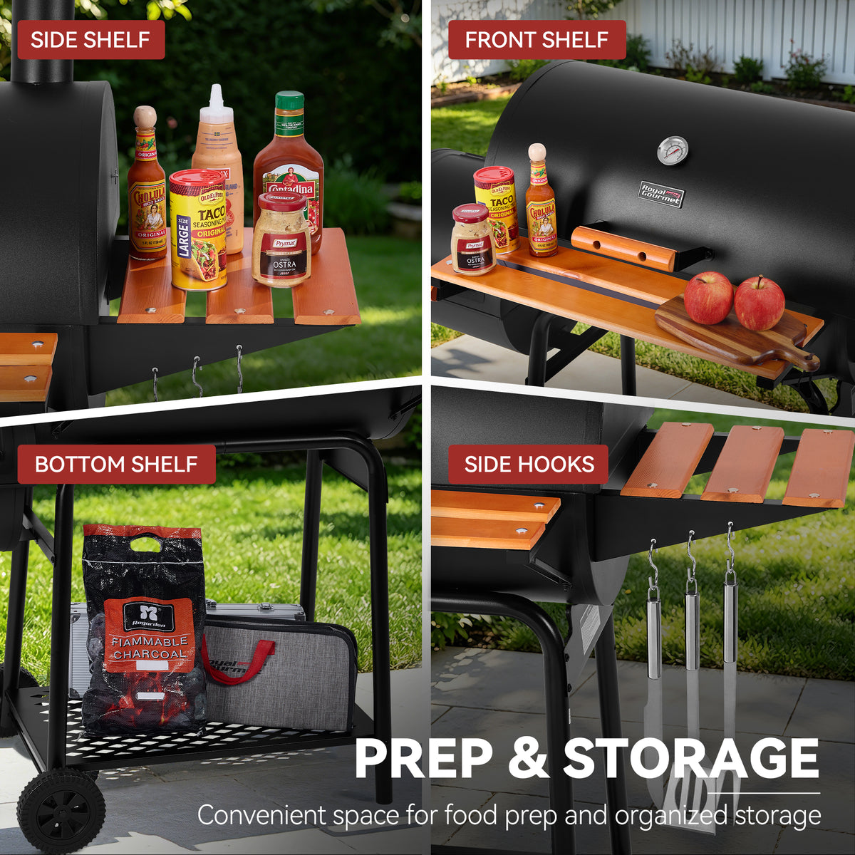 Four-panel outdoor collage showing a black Royal Gourmet charcoal grill with wooden shelf extensions and hanging hooks, labeled Side Shelf, Front Shelf, Bottom Shelf, and Side Hooks, with food items and charcoal bag displayed in the prep and storage area.