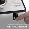 Stove control knob with hand adjusting it, text about stove features.