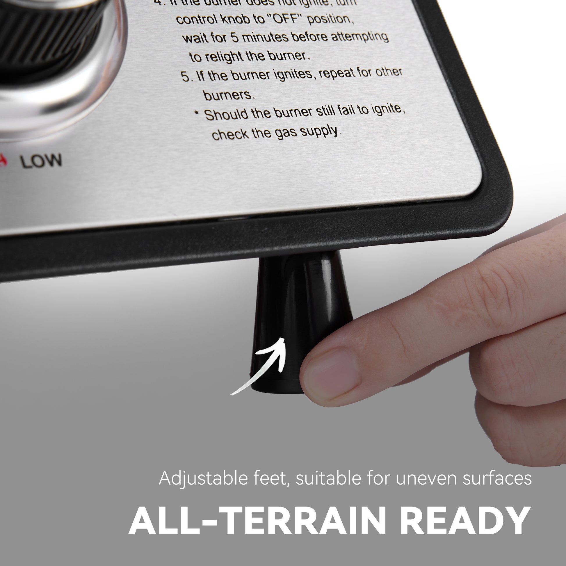 Stove control knob with hand adjusting it, text about stove features.