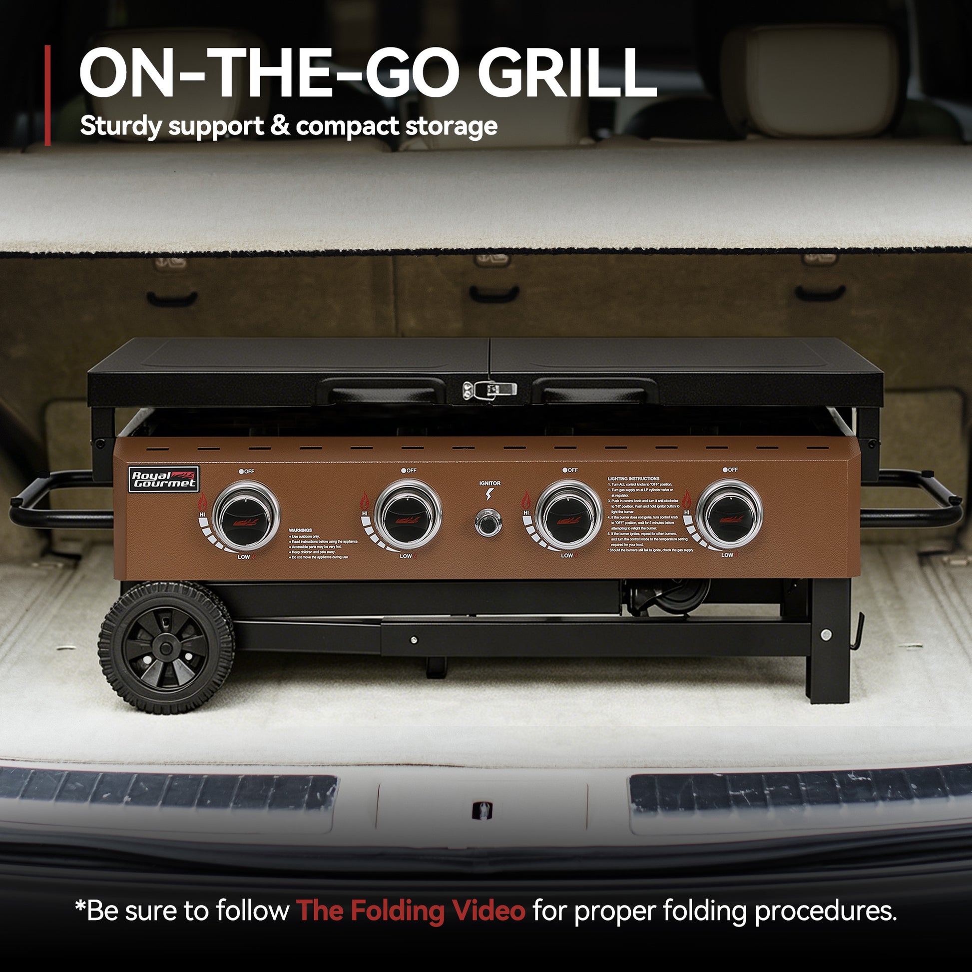 Royal Gourmet Portable grill on a car roof with text indicating 'On-the-Go Grill' and 'Sturdy support & compact storage'.